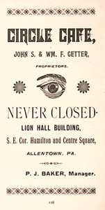 Circle Cafe Never CLosed John S & Wm F Getter Proprietors ALLENTOWN PA 1895 AD