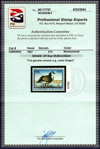 Scott RW64 1997 $15.00 Duck Stamp MNH PSE Cert Grade 95 SCV $95.00 - Picture 3 of 3