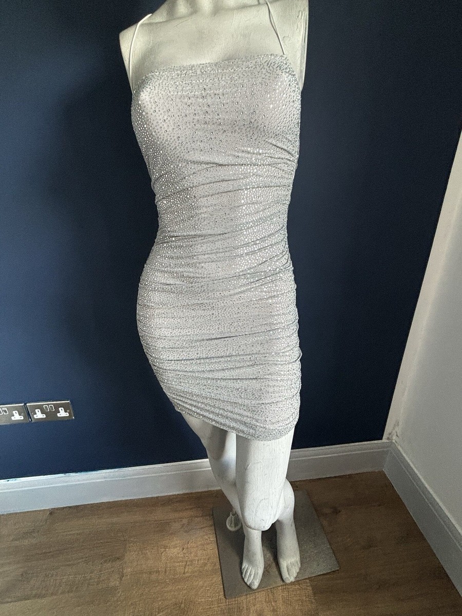 Oh Polly Silver Embellished Diamante Ruched Mini Dress size 8 UK | eBay UK