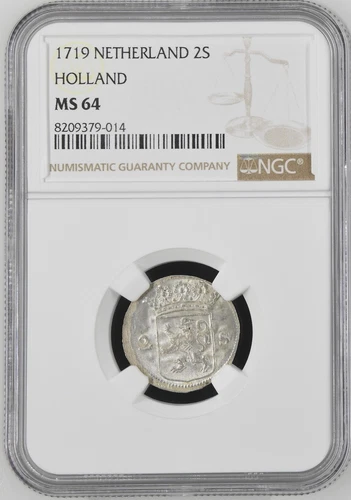 1719 Netherlands Holland Silver 2 Stuivers Lion NGC MS64 GEM
