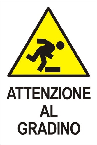 Adesivi Attenzione al Gradino, in italiano e inglese, cartello in vinile morbido, misura 20x5 cm, pittogramma sicurezza pericolo caduta, laminato antigraffio, anti UV, impermeabile lavabile, 2 Pz