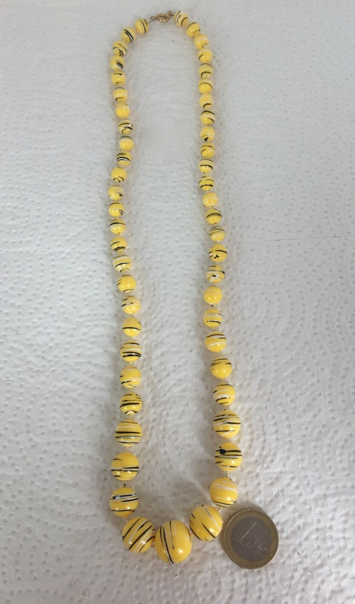 Collier Mi-long Vintage Années 70 - Perles Bleues Et Métal, Style Chute, Bijou D'occasion Bohème
