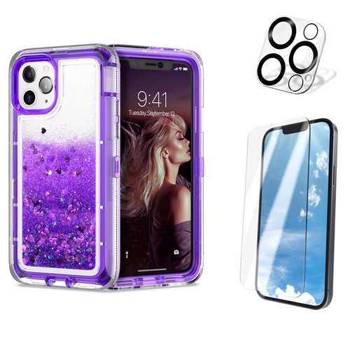 For iPhone 14 13 12 11 Pro Liquid Glitter Shockproof Hard Case +Glass Screen - Picture 18 of 20