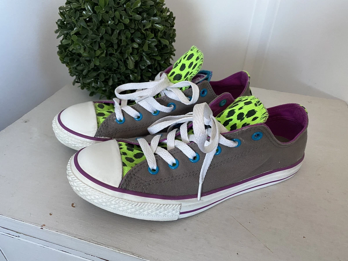 Converse All Star Shoes Gray Neon Animal Print Double Tongue