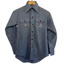 Vintage Hand Embroidered Chambray Shirt JC Penney Plain Pockets Kids 14 Fits XS