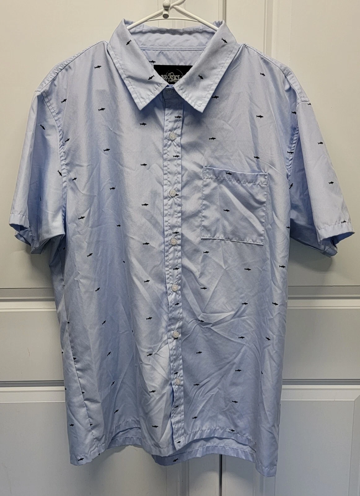 Brooklyn Standard Tiny Shark Print Button Up Short Sleeve Pale Blue XL Fun