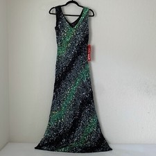 NWT Marina Gown 8 Black Green Sequin 100% Silk Maxi Dark Romantic Glam Prom