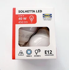 2-PACK - Ikea SOLHETTA LED Bulb E12 450 Lumen 5000 K, Globe Opal 3.3 W - NEW