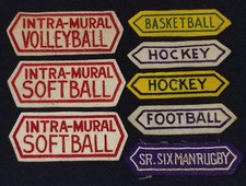 1930's VINTAGE SPORTS FELT JACKET PATCHES (8) HOCKEY RUGBY FOOTBALL BASKETBALL