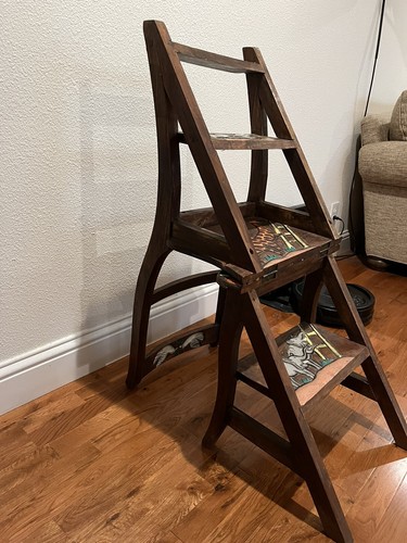 Vintage Noahs Ark Themed Folk Art Metamorphic Chair Step Ladder Hand Carved OAK - Picture 10 of 24
