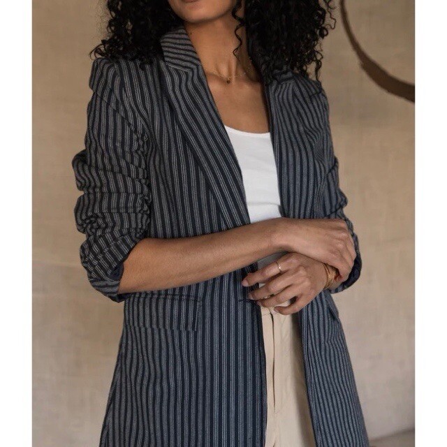 Blazer azul a rayas de algodón con solapa de pico Able Elma nuevo sin etiquetas talla L $168-image