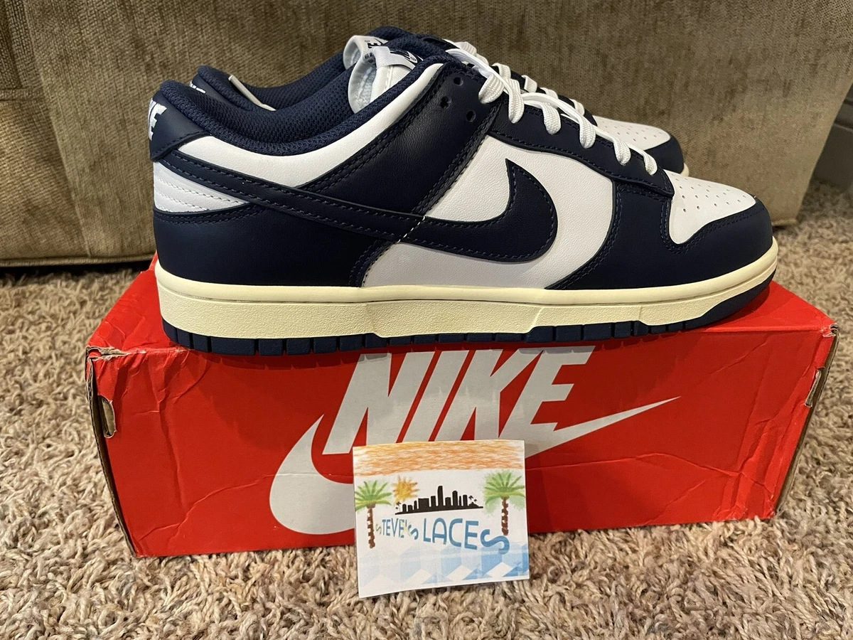 Size 11.5w MENS 10- Nike Dunk Low Vintage Navy 20220116 new with damaged box