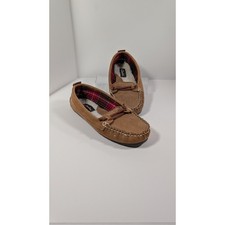 Clarks Women Suede Moccasin Slippers Tan Brown Plaid Faux Shearling Lining