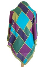 Vintage Silk Scarf Abstract Color Block Geometric Print Teal Purple Green A122