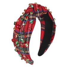 Christmas Red Plaid Knotted Headband Jeweled Crystal Xmas Hair Accessory