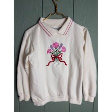 Vintage 90s Embroidered Floral Sweatshirt Collared Pullover Pink Cream Small