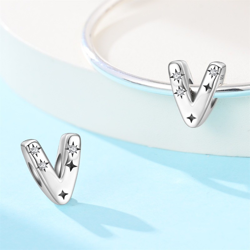KUNSIR 925 Sterling Silver Letter V Charm For Bracelet Or Necklace Pendant Charm
