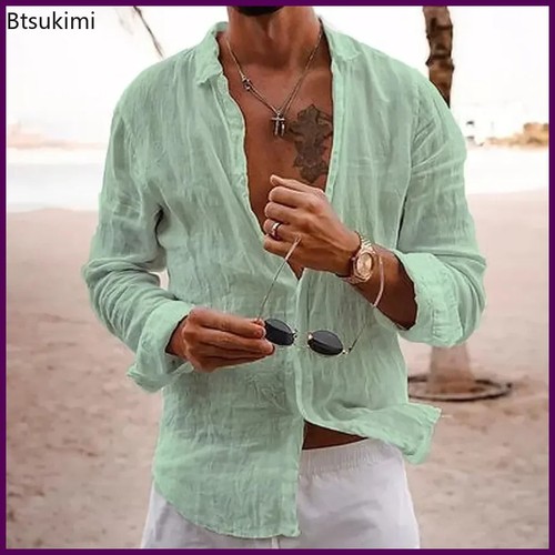 2025 Men's Cotton Linen Shirts Top Simple Laple Solid Man Shirts Tops