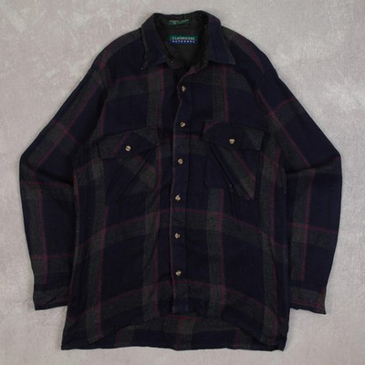 Vintage 90s Checked Wool Style Shirt M Made in Korea Men's Navy Blue Plaid