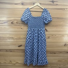 J Crew Dress Womens Small Smocked Midi Puff Sleeves Blue Floral Pockets BO654 B1