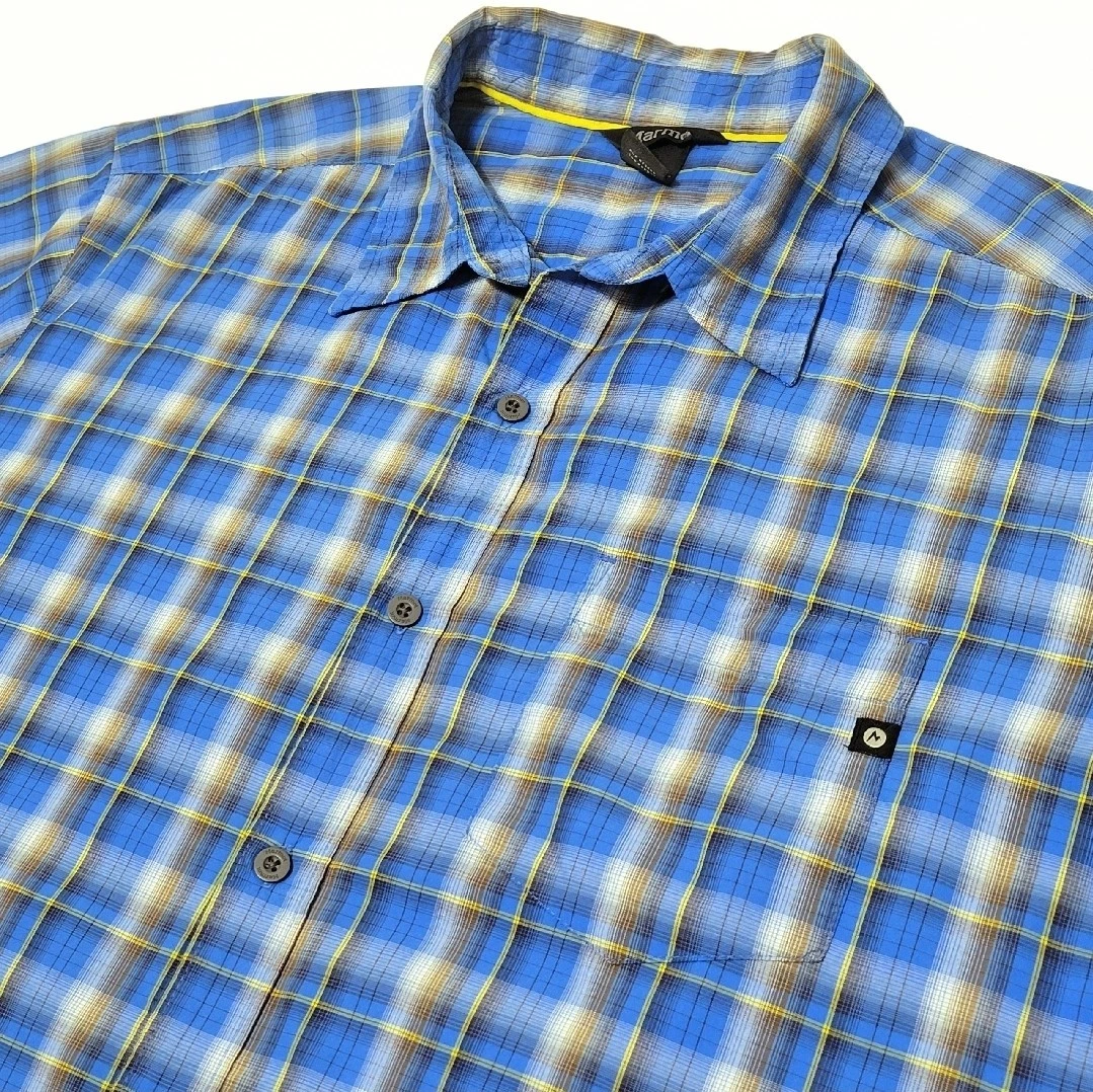 MARMOT Full Button Short Sleeve Outdoor Hiking Shirt - Blue Plaid - Men's LARGE