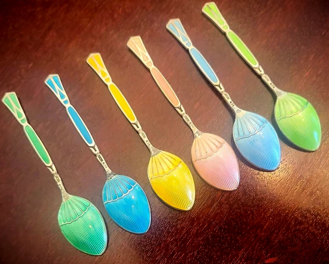 STUNNING Vtg Guilloche Enameled Sterling Silver 6 Spoon Set 1938 BIRMINGHAM Rare - Picture 1 of 8
