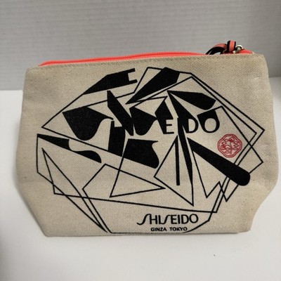 Shiseido Orange and White Canvas Cosmetic Makeup Bag Zipper Closure