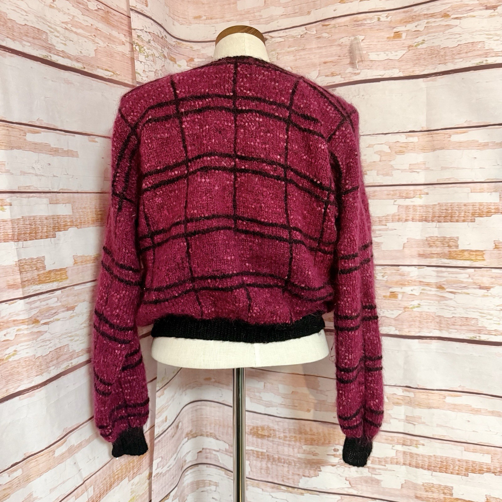 Vintage Handmade Cardigan Sweater Raspberry Pink Plaid V Neck Mohair Button Up