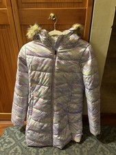 Lands' End Girls ThermoPlume Fleece Lined Coat Lavender Cloud Print Kids X-Large