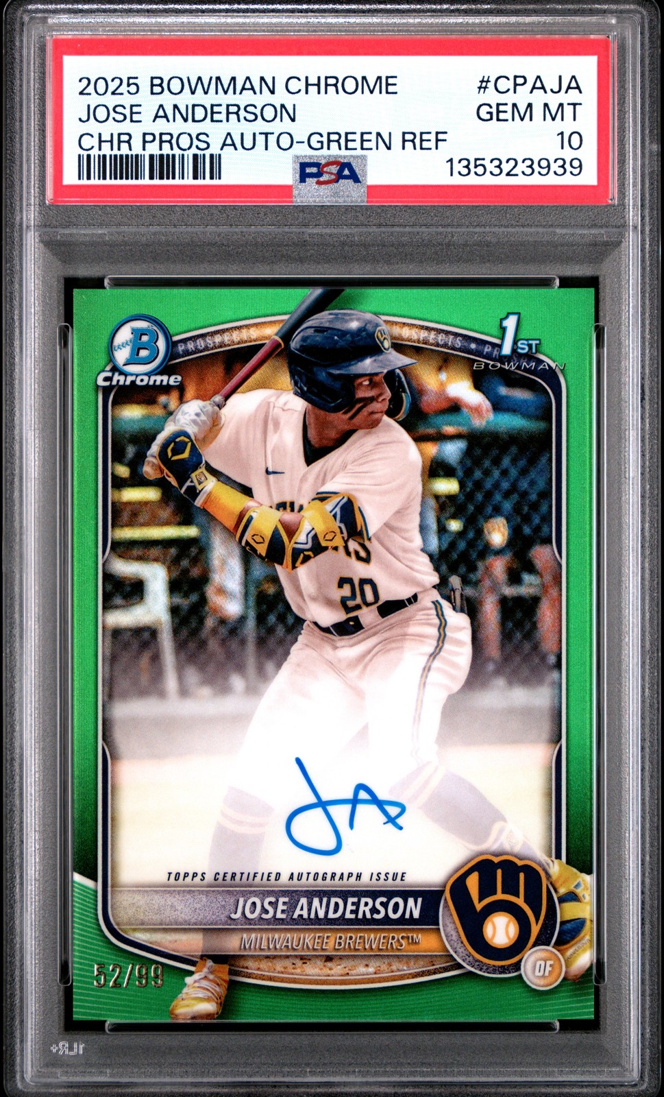 2025 BOWMAN CHROME PROSPECT AUTO GREEN REFRACTOR JOSE ANDERSON 52/99 PSA 10