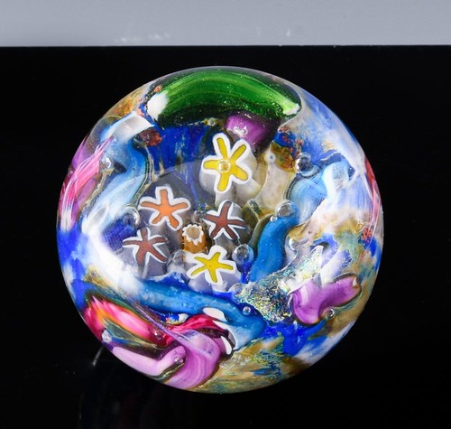 LOVELY VINTAGE DOUG SWEET HAND BLOWN MILLEFIORI SCRAMBLE ART GLASS MARBLE