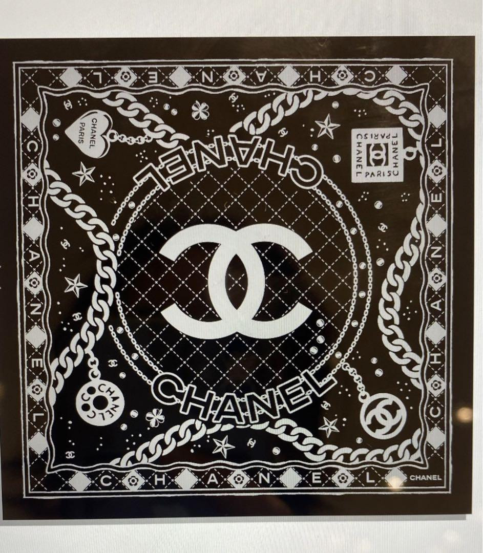 CHANEL スカーフ CHANEL Scarf Black Silk Heart, Star, Chain Pattern Women