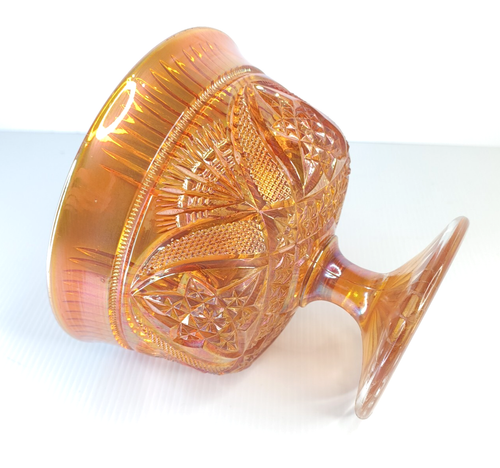 Marigold Carnival Glass Pedestal Bowl Vintage Imperial Hobstar Feather Pattern - Picture 5 of 16
