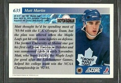 1993-94 Score #635 Matt Martin Toronto Maple Leafs Hockey Card Signed Autograph - Picture 2 of 2