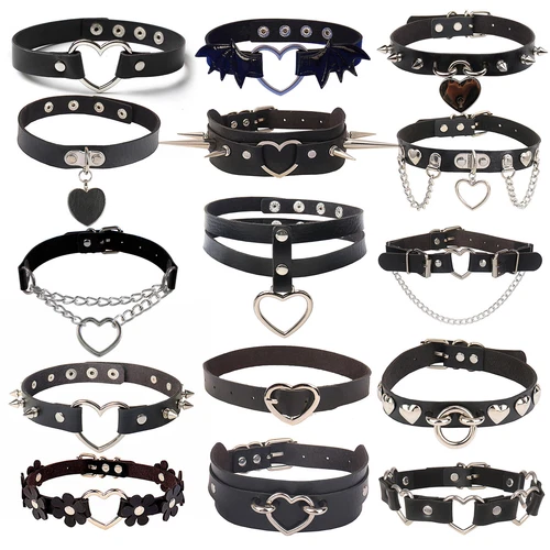 Women Men Gothic Rivet Heart Collar Punk Choker Girl PU Leather Necklace Jewelry - Picture 3 of 40