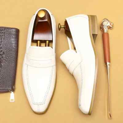 Handmade Men white leather moccasins, Men classic leather dress shoes, Men shoes