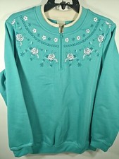 Vtg Blair 1/4 Zip Teal Blue Sweatshirt Pullover Women's Medium Flower Graphic