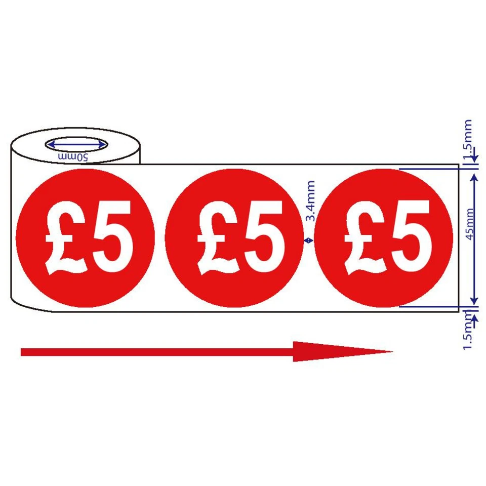 SFS 500x Red £5 Adhesive Stickers Sticky Price Labels For Retail