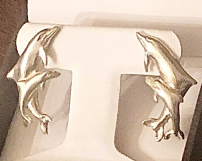 Sterling Silber Delfine springende große Ohrringe signiert TM modern MOD