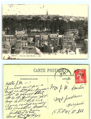 S03-3437, BREST, VUE VERS SAINT-MARTIN, FRANCE 1920S TO USA, POSTCARD