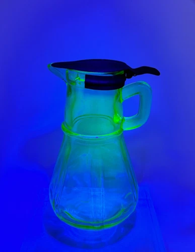 Vintage Uranium Glass Hazel Atlas Green Depression Era Syrup Pitcher Tin Lid