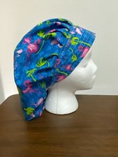 PINK FLAMINGOS ON DARK BLUE NURSES SCRUB HAT, BOUFFANT,CHEMO,SURGERY TECH
