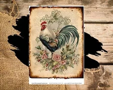 Rose Rooster | A4 Rice Paper | Paper for Decoupage | Farmhouse Floral