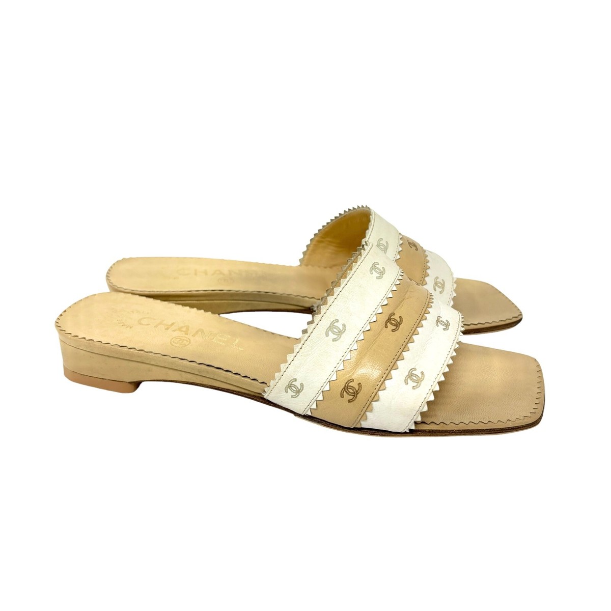 シャネルCCマークミュール#36 CHANEL Vintage CC Logo Sandals Mules #36 Cream White Leather