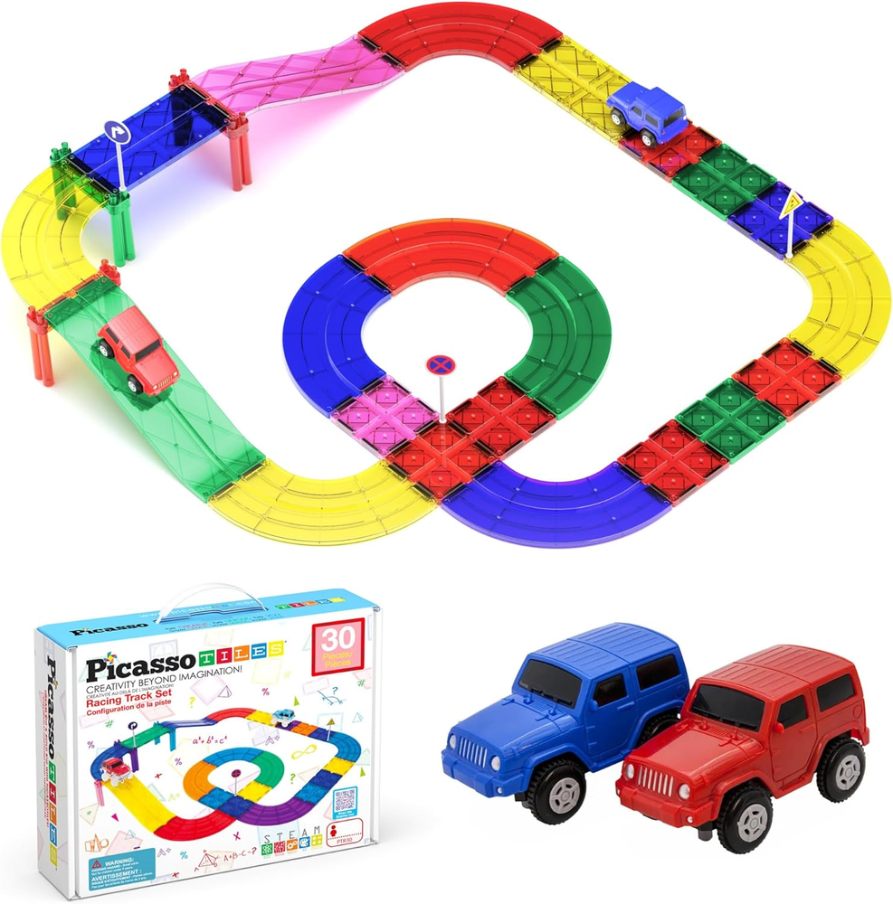Magnetic Race Car Track Toy Set for Toddlers with Building Blocks  