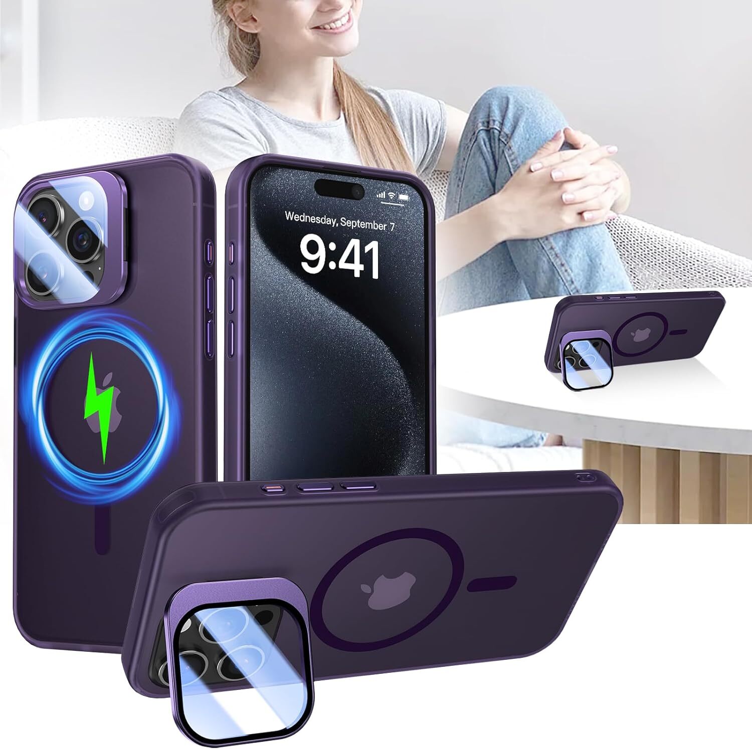 For iPhone 15 Pro Max Case with Stand Exceeds Military Grade Full Camera Cover