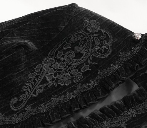 Devil Fashion Men Black Victorian Gothic Velvet Open Front Embroidered Tailcoat - Picture 11 of 14