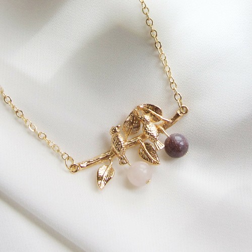 14K GP necklace with Birds on branch pendant along with Aventurine and Agate - Picture 7 of 8