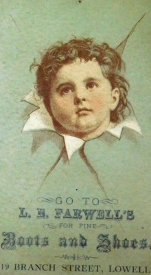 Victorian Trade Card L. E Farwell's Boots & Shoes, Child's Head Through Paper A1