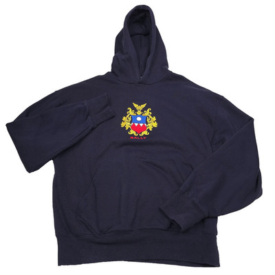 Bally Embroidered Logo Hoodie Mens 2XL (54) Navy Blue Organic Cotton Pullover